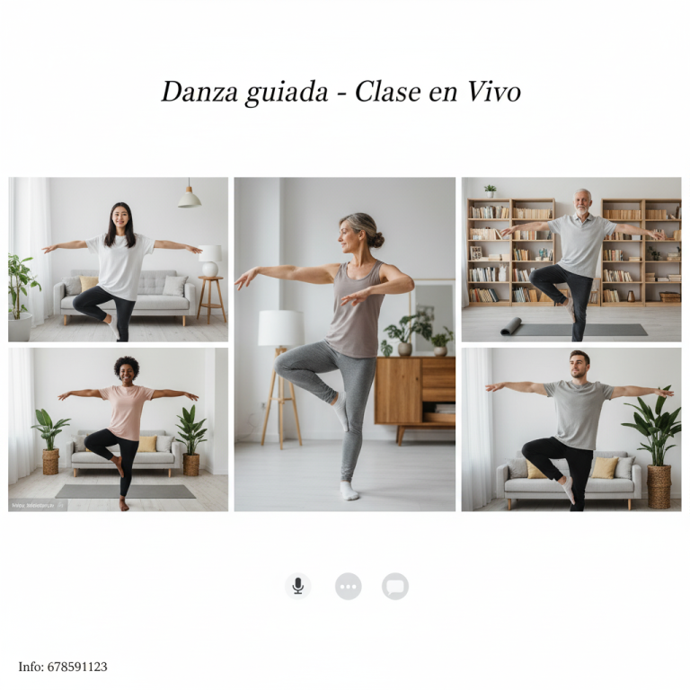 Muestra de una clase online de danza guiada con cinco personas en diferentes posiciones de baile.