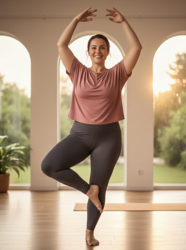 Mujer haciendo danza guiada en posición de equilibrio, sonriente, con luz natural de fondo.