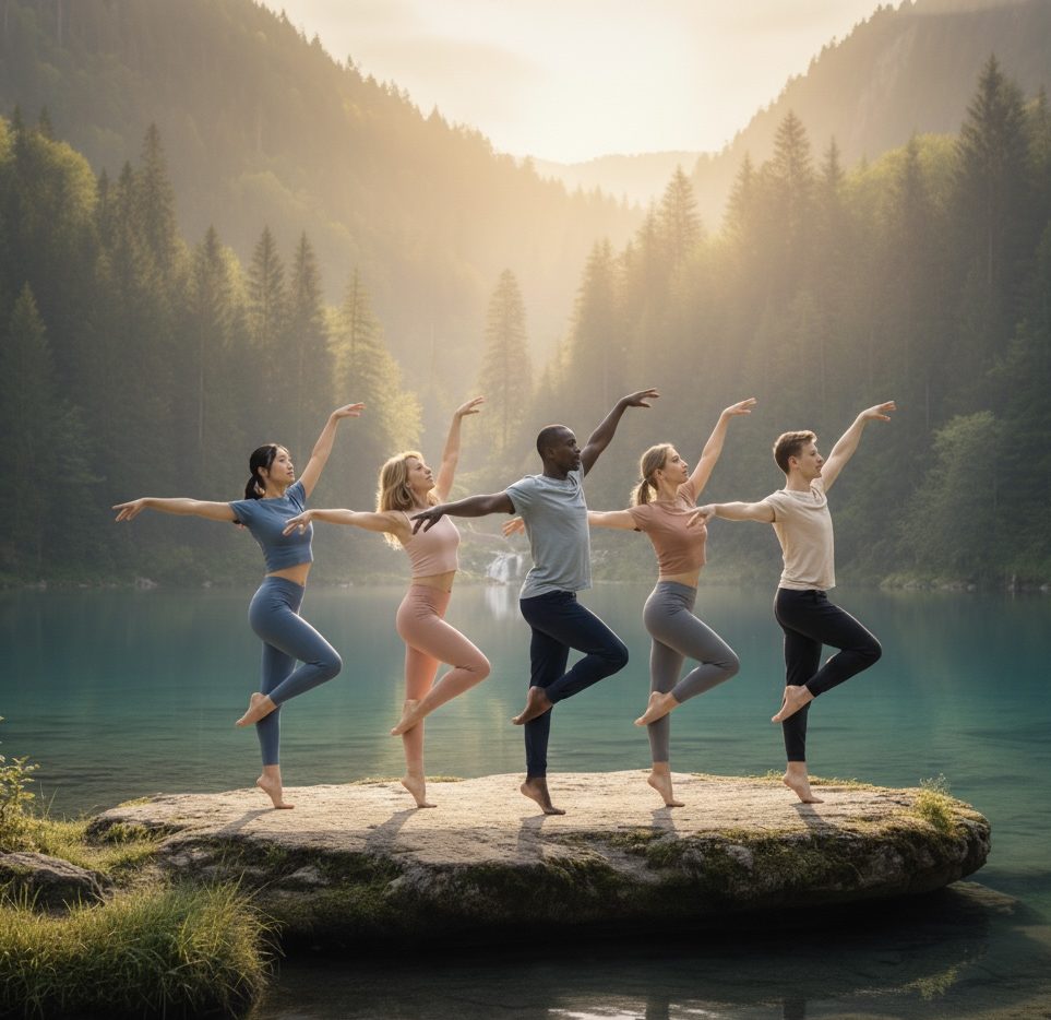 Grupo de personas practicando danza guiada junto a un lago rodeado de montañas.